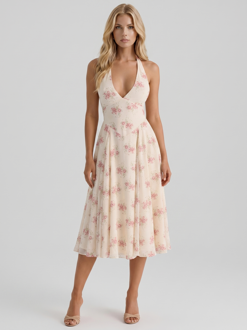 Camelia Halter Neck Georgette Midi Dress Cream Floral