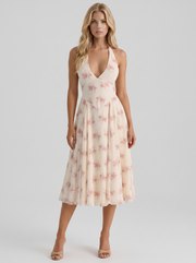 Camelia Halter Neck Georgette Midi Dress Cream Floral view 1