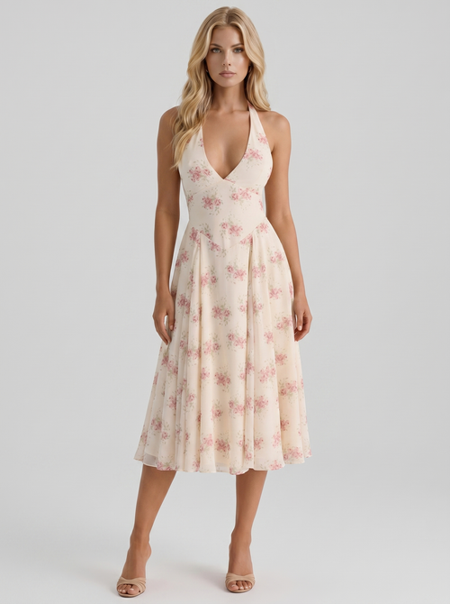 Camelia Halter Neck Georgette Midi Dress Cream Floral