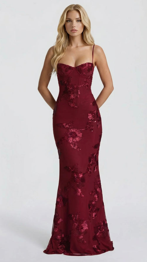 Celestina Floral Maxi Dress Burgundy