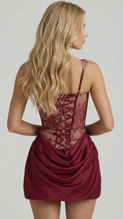 Cerene Corset Mini Dress Burgundy Lace view 4