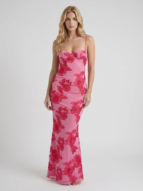Chloe Floral Mesh Bodycon Maxi Dress Pink
