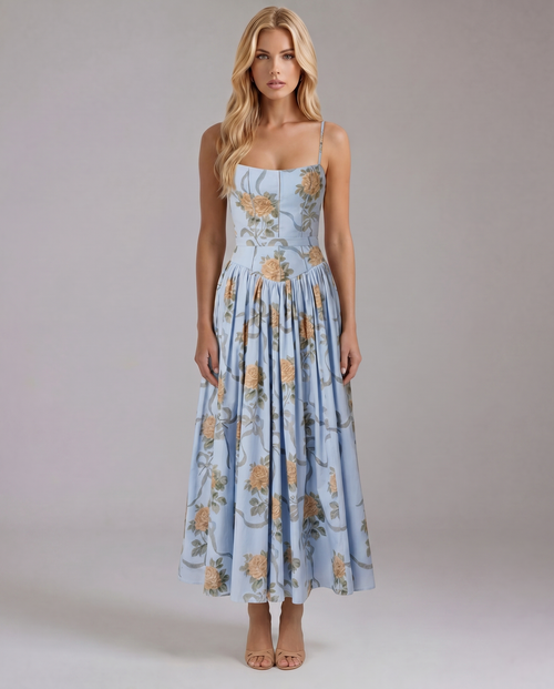 Cielle Floral Midi Dress Vintage Blue
