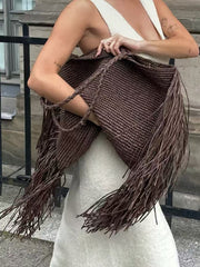 Claire Woven Fringe Shoulder Tote Beach Bag Brown view 2