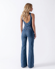 Cora Plunge V Denim Flare Jumpsuit view 3