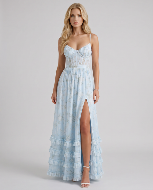 Dahlia Floral Corset Maxi Dress Blue