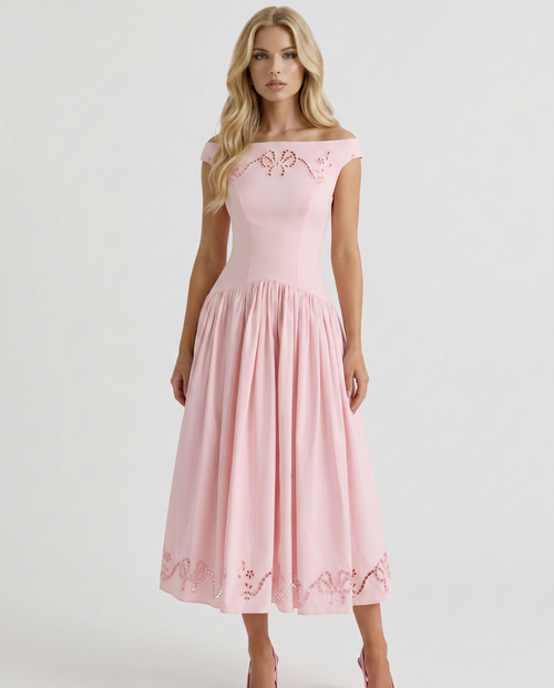 Delfina Boat Neck Eyelet Midi Dress Pink