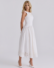 Delfina Boat Neck Eyelet Midi Dress White view 4