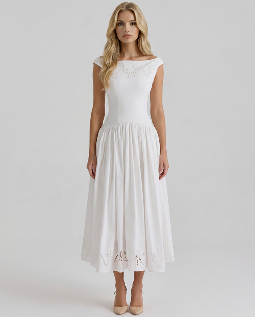 Delfina Boat Neck Eyelet Midi Dress White
