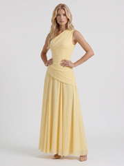 Delphine One Shoulder Ruched Mesh Maxi Dress Lemon view 3