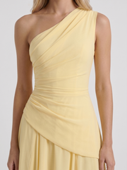 Delphine One Shoulder Ruched Mesh Maxi Dress Lemon view 6
