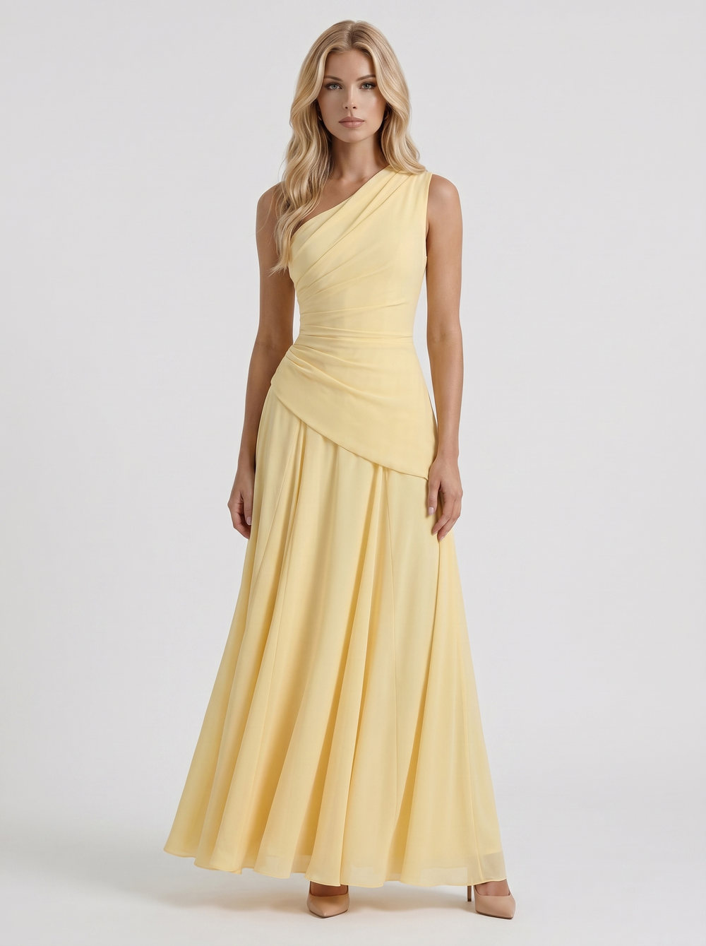 Delphine One Shoulder Ruched Mesh Maxi Dress Lemon