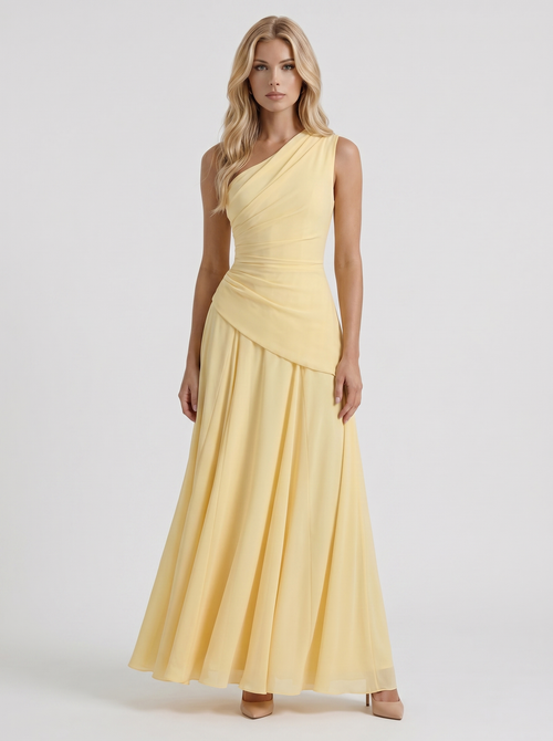 Delphine One Shoulder Ruched Mesh Maxi Dress Lemon
