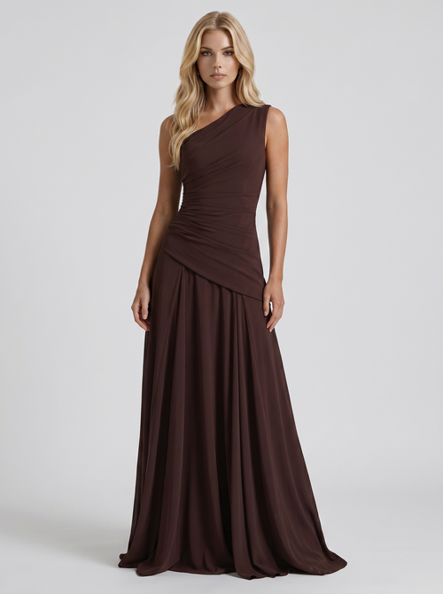 Delphine One Shoulder Ruched Mesh Maxi Dress Plum Brown