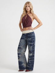 Eden Fold Over Waist Baggy Wide Leg Denim Jeans Dark Blue view 3