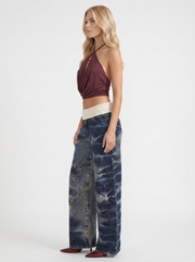 Eden Fold Over Waist Baggy Wide Leg Denim Jeans Dark Blue view 4