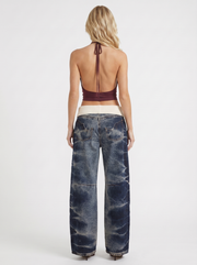 Eden Fold Over Waist Baggy Wide Leg Denim Jeans Dark Blue view 5