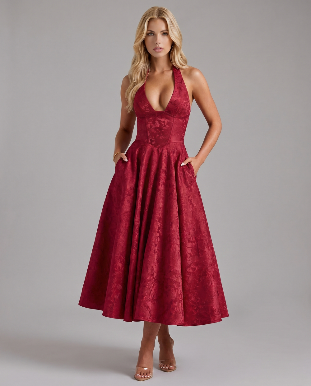 Effie Halter Neck Pleated Midi Dress Red