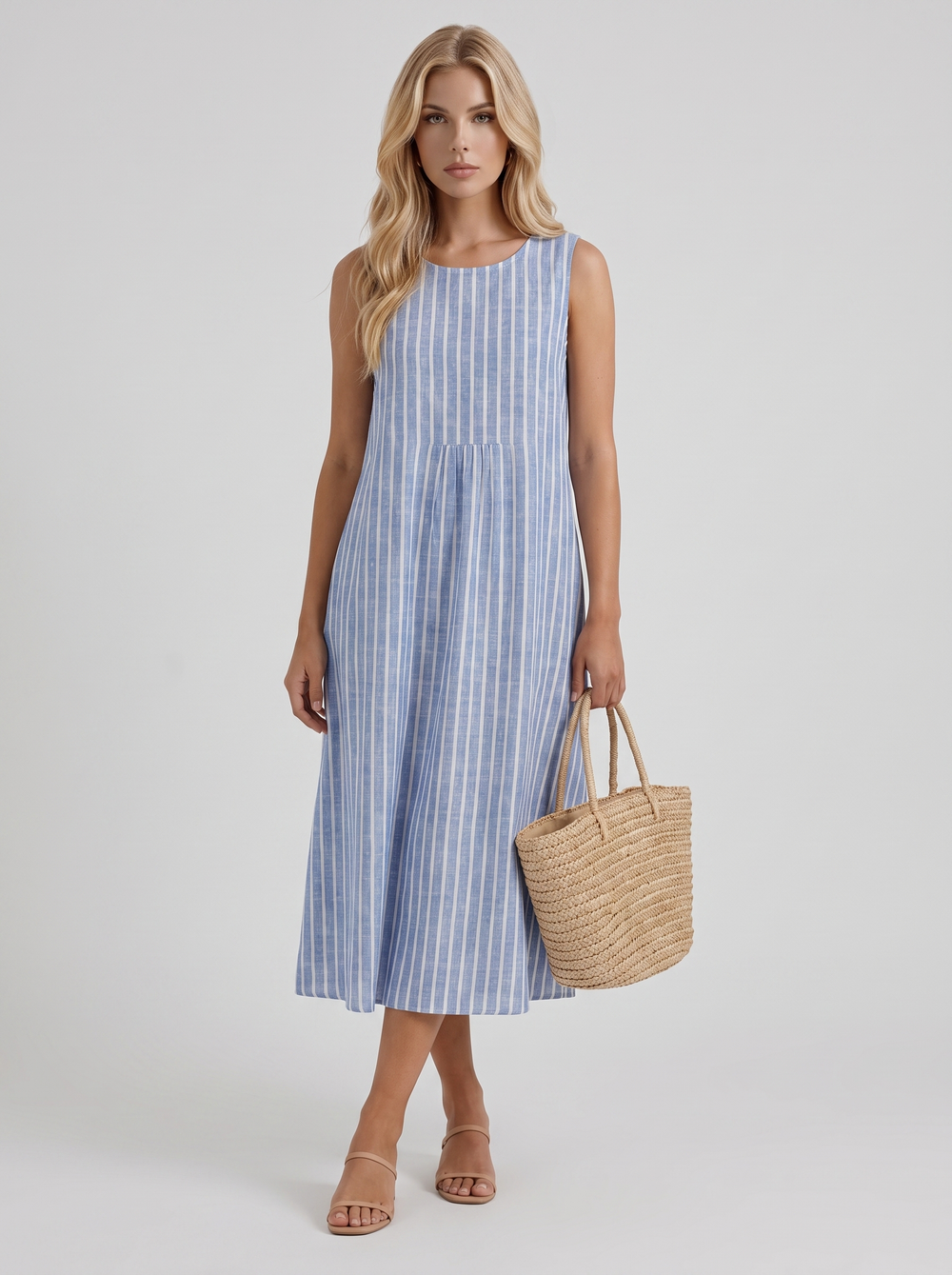 Elara Printed Midi Dress Light Blue Stripe