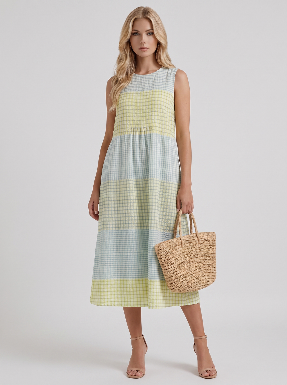 Elara Printed Midi Dress Yellow Gingham