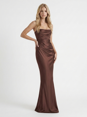 Elara Satin Ruched Strapless Maxi Dress Brown view 3