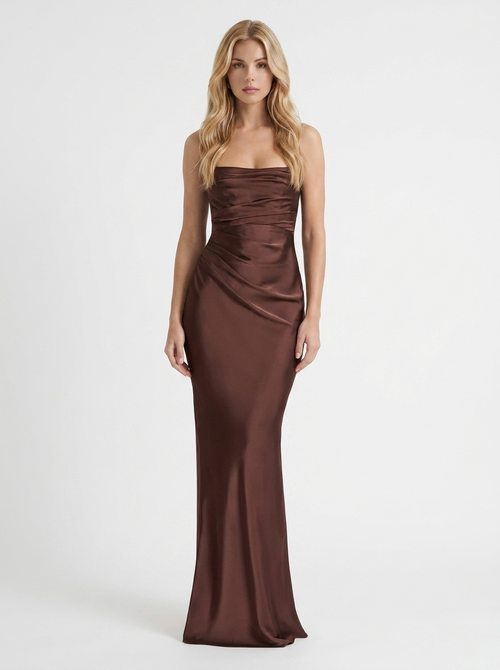 Elara Satin Ruched Strapless Maxi Dress Brown