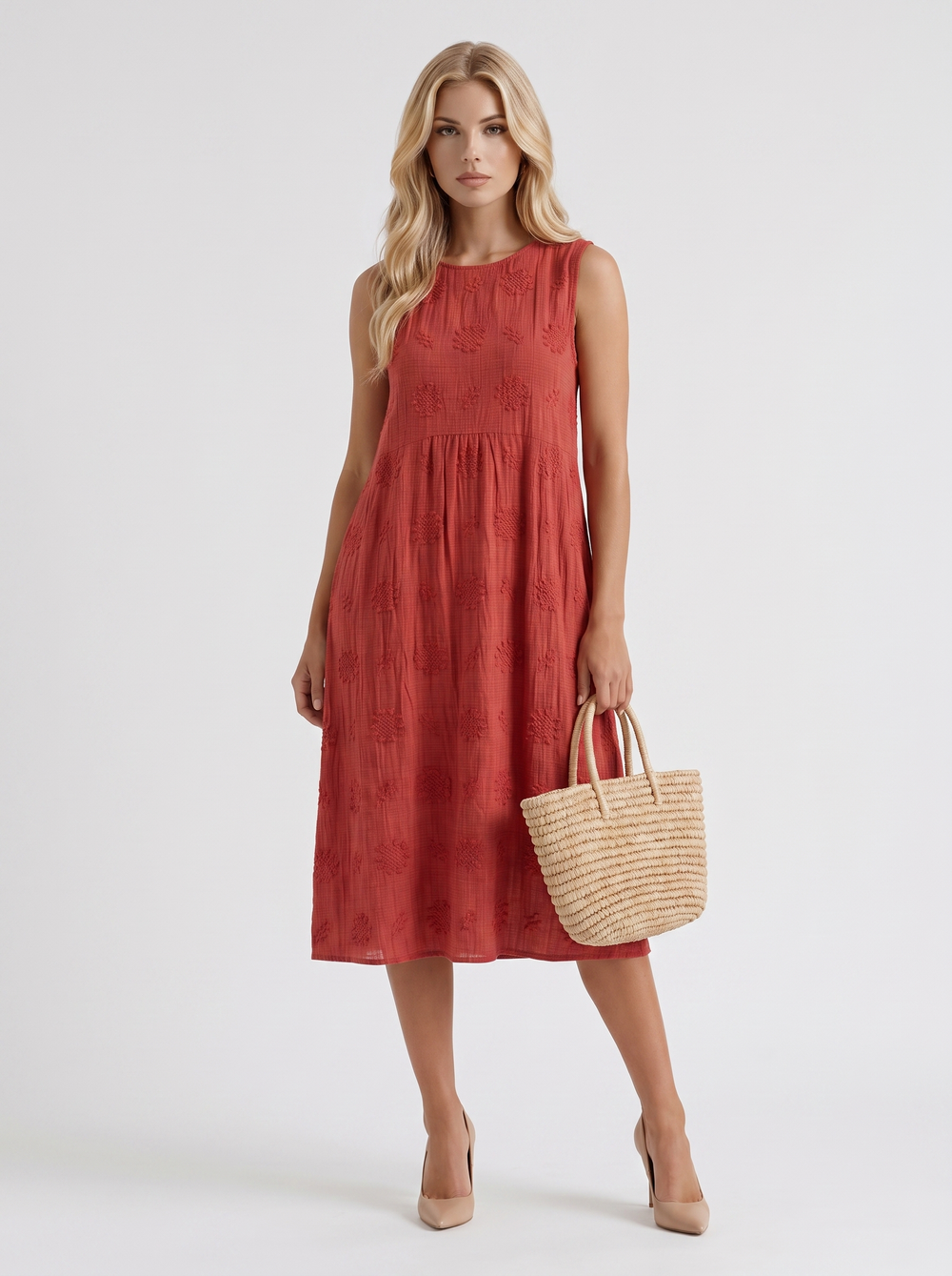 Elin Embroidered Midi Dress Red