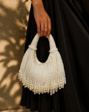 Ellie Pearl Beaded Fringe Shoulder Party Bag White view 3