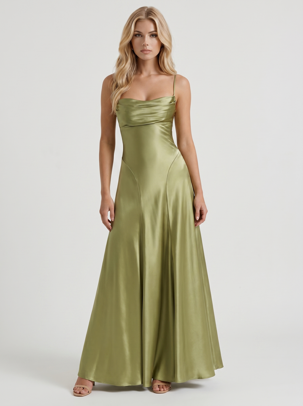 Eloise Cowl Neck Satin Maxi Dress Light Olive