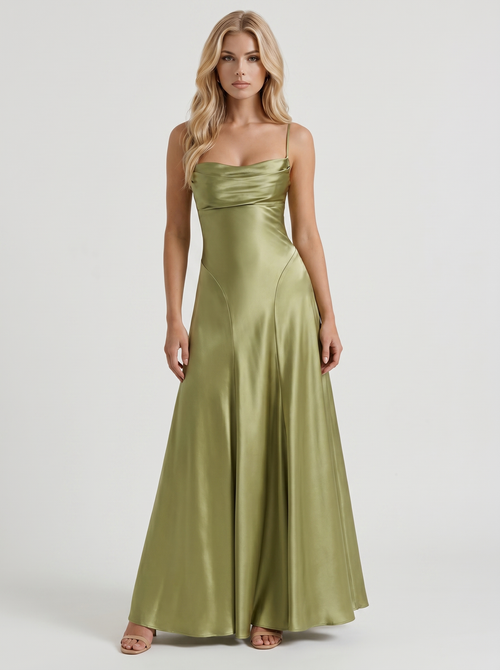 Eloise Cowl Neck Satin Maxi Dress Light Olive