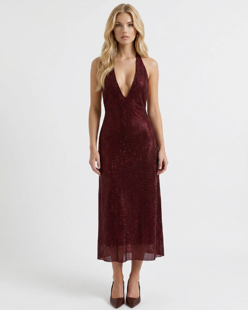 Emily Sequin Midi Dress Burgundy
