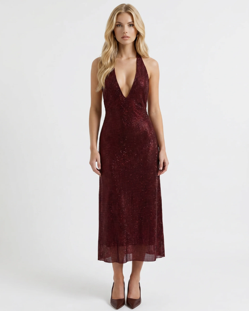 Emily Sequin Midi Dress Burgundy