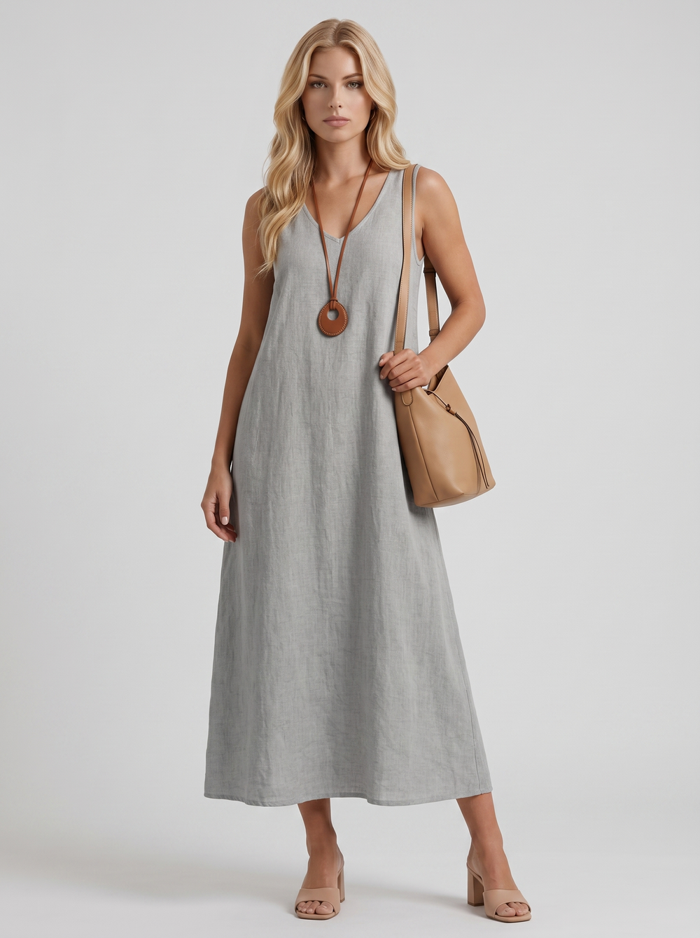 Fern Linen Midi Dress Grey