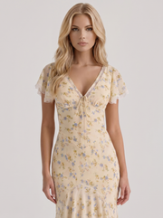 Floriane Garden Floral V Neck Fishtail Maxi Gown Cream Floral view 2