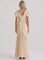 Floriane Garden Floral V Neck Fishtail Maxi Gown Cream Floral view 5