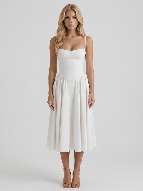 Francesca Sweetheart Ruched Midi Dress White