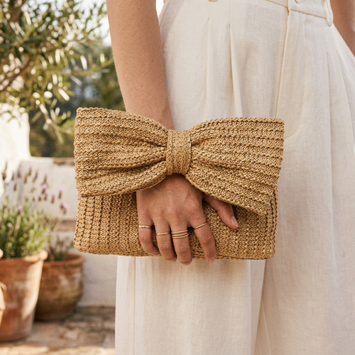 Gaby Boho Woven Bow Clutch Party Bag Brown
