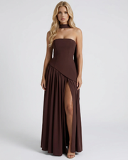 Genevieve Strapless Asymmetric Maxi Dress Brown view 1
