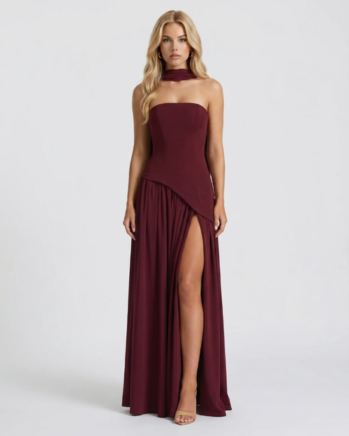 Genevieve Strapless Asymmetric Maxi Dress Red