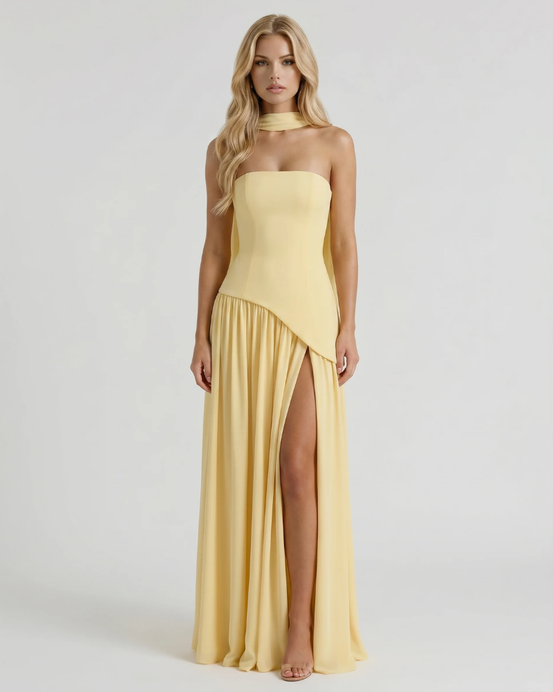 Genevieve Strapless Asymmetric Maxi Dress Yellow
