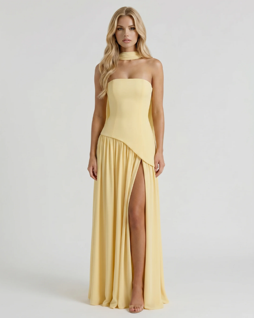 Genevieve Strapless Asymmetric Maxi Dress Yellow