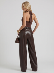 Gianna High Waist Belted Wide Leg Faux Leather Pants Plum Brown view 5
