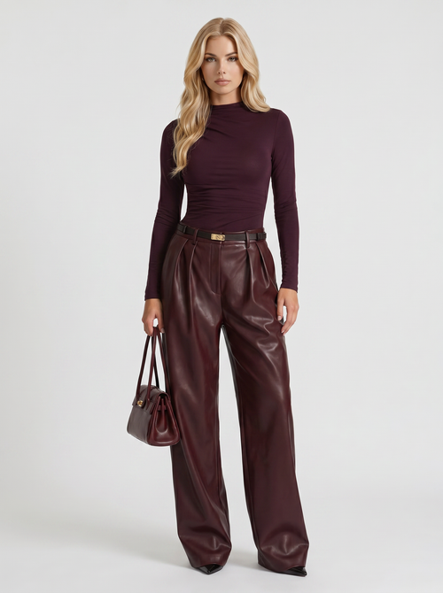 Gianna High Waist Belted Wide Leg Faux Leather Pants Plum