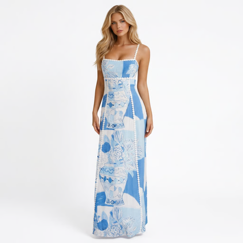 Giselle Bow Maxi Dress Blue Mosaic