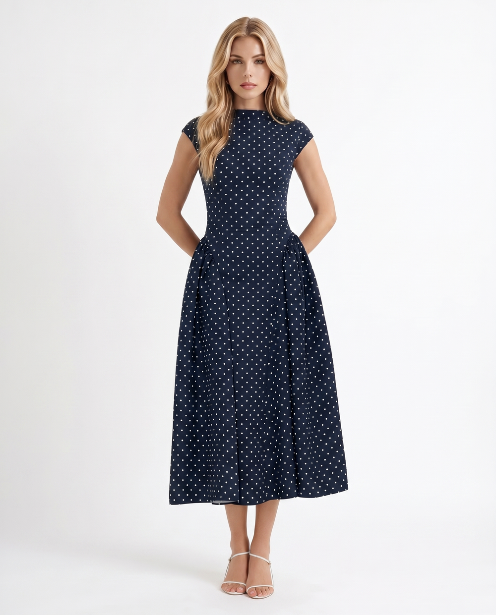 Greer Polka Dot Midi Dress Navy