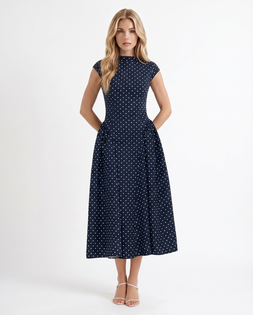 Greer Polka Dot Midi Dress Navy