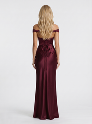 Helena Off Shoulder Draped Satin Maxi Dress Cherry Lacquer view 5