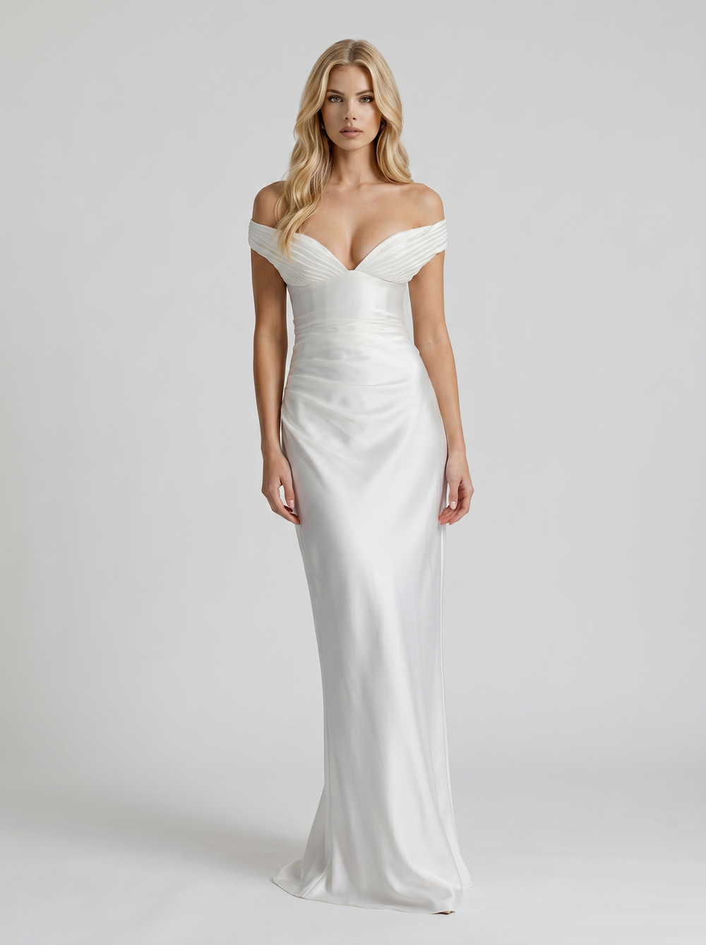 Helena Off Shoulder Draped Satin Maxi Dress Ivory