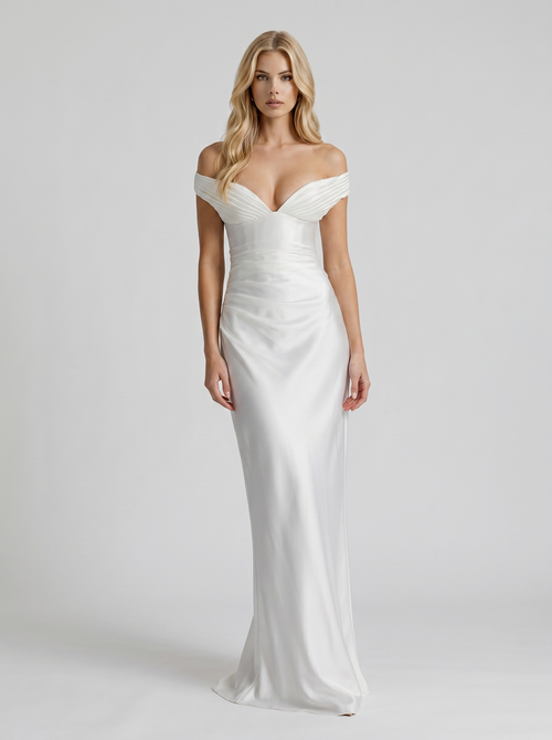 Helena Off Shoulder Draped Satin Maxi Dress Ivory