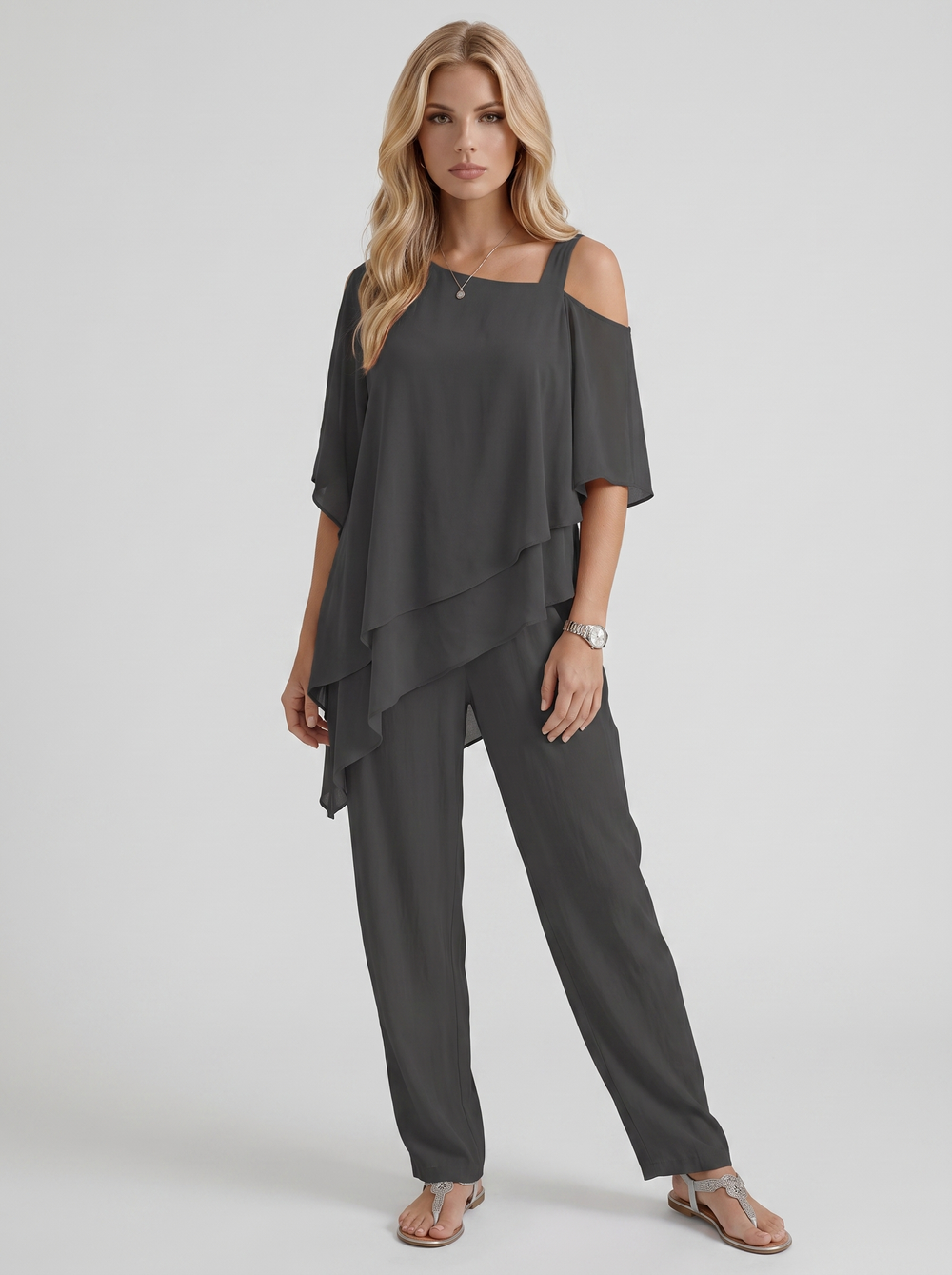 Ines Cold Shoulder Chiffon Pants Set Black